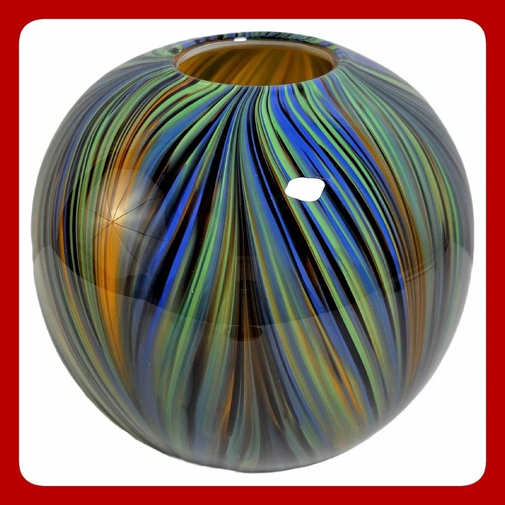 Vintage Hand Blown Art Glass Swirl Sphere Vase Blue Green Amber Feather Orb VTG